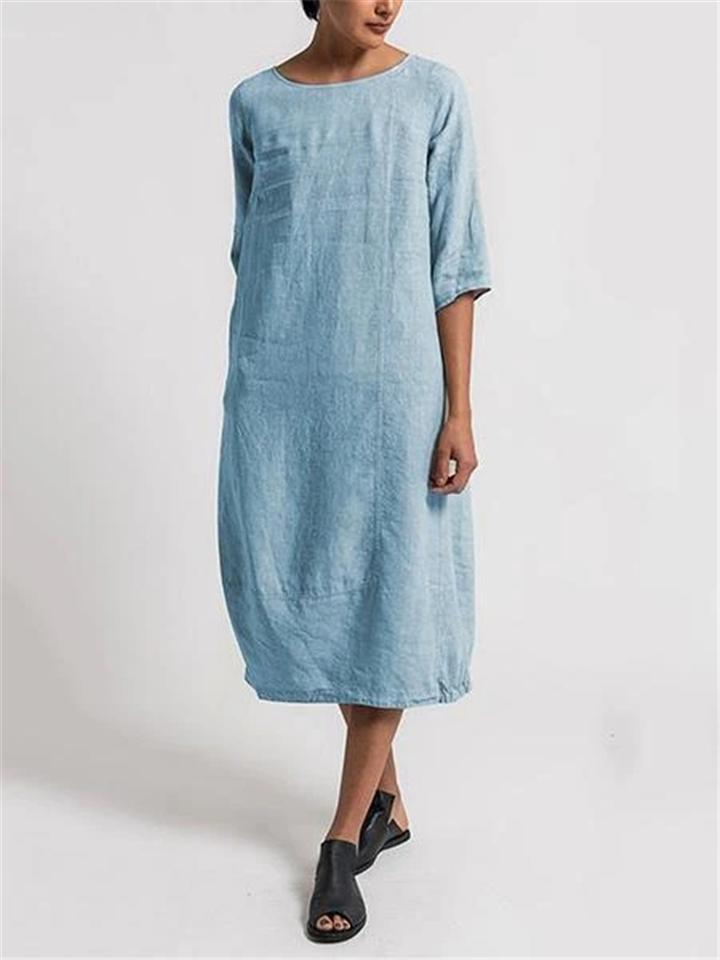 Casual Fit Round Neck Half Sleeve Solid Color Linen Midi Dress Shopvhs.com