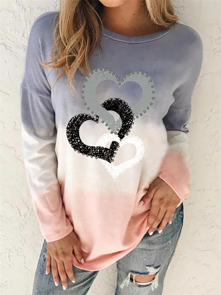 Casual Fit Round Neck Heart Printed Tie-Dye Long Sleeve Tops Shopvhs.com