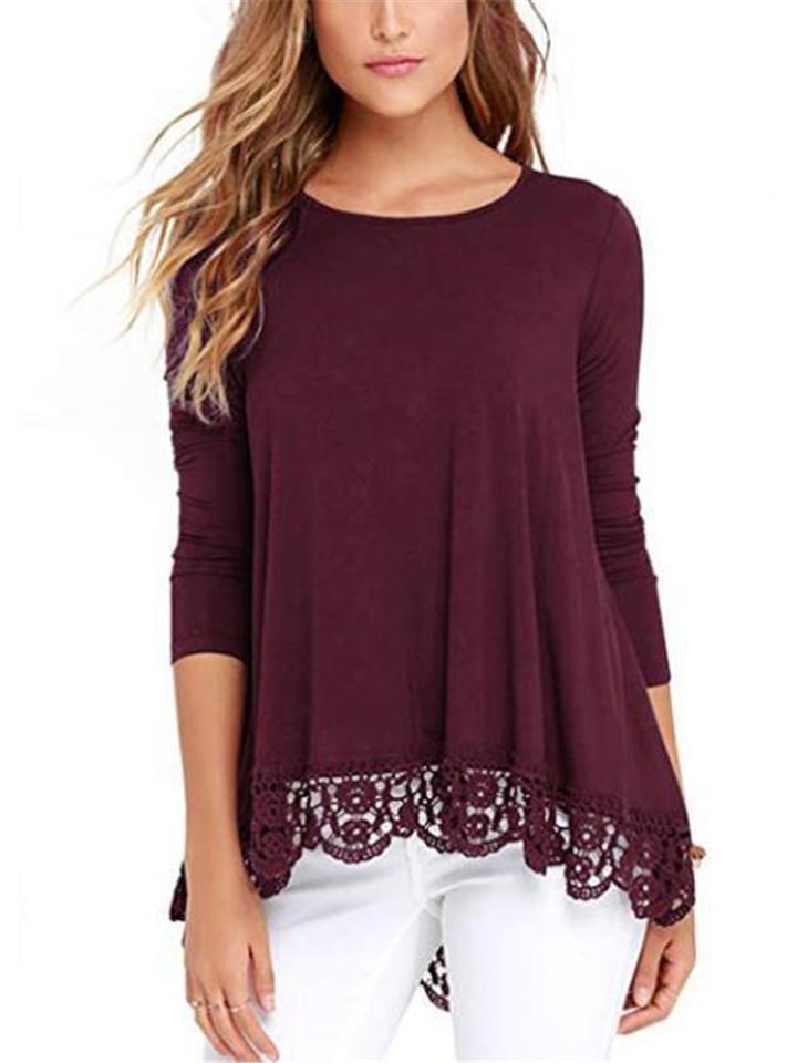 Casual Fit Round Neck Lace Hem Solid Color Pullover Shirt Shopvhs.com