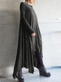 Casual Fit Round Neck Long Sleeve Asymmetric Hem Solid Maxi Dress Shopvhs.com