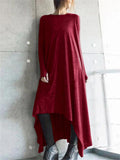 Casual Fit Round Neck Long Sleeve Asymmetric Hem Solid Maxi Dress Shopvhs.com
