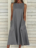 Casual Fit Round Neck Sleeveless Solid Color Pocket Midi Dress Shopvhs.com