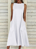 Casual Fit Round Neck Sleeveless Solid Color Pocket Midi Dress Shopvhs.com