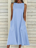 Casual Fit Round Neck Sleeveless Solid Color Pocket Midi Dress Shopvhs.com