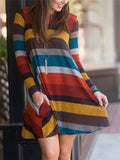 Casual Fit Round Neck Striped Long Sleeve Midi Length Dress Shopvhs.com