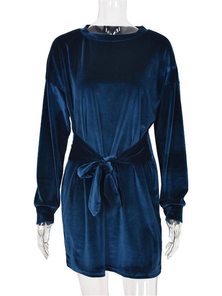 Casual Fit Round Neck Waist Tie Long Sleeve Midi Length Dress Shopvhs.com