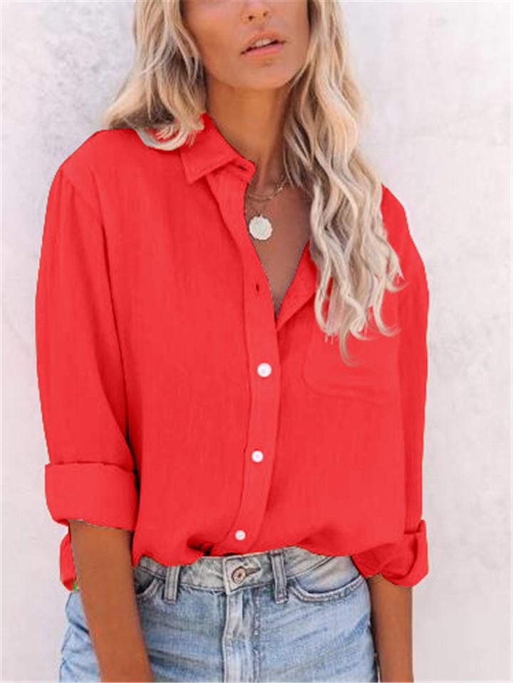 Casual Fit Solid Color Button Up Lapel Collar Long Sleeve Blouse Shopvhs.com
