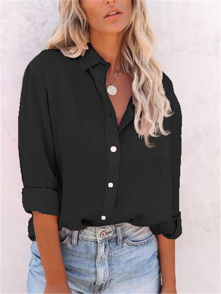 Casual Fit Solid Color Button Up Lapel Collar Long Sleeve Blouse Shopvhs.com