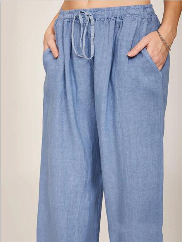 Casual Fit Solid Color Cotton Linen Drawstring Elastic Waist Pocket Trousers Shopvhs.com