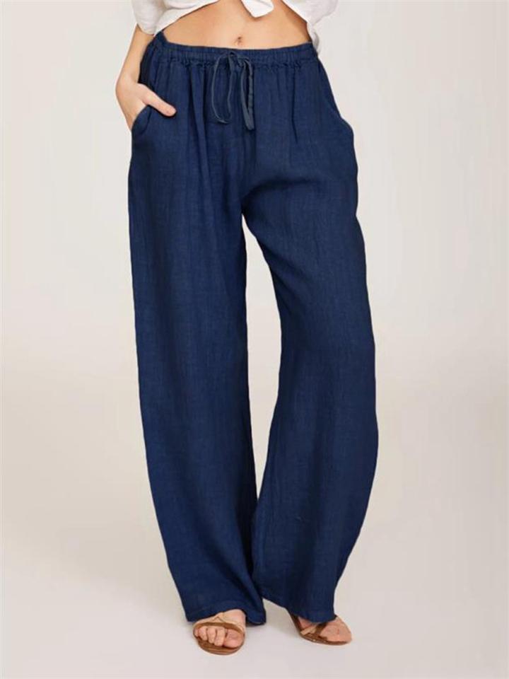 Casual Fit Solid Color Cotton Linen Drawstring Elastic Waist Pocket Trousers Shopvhs.com