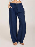 Casual Fit Solid Color Cotton Linen Drawstring Elastic Waist Pocket Trousers Shopvhs.com