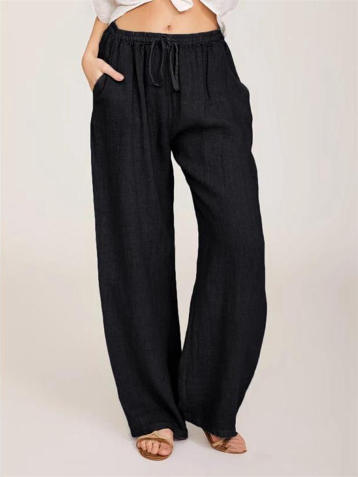 Casual Fit Solid Color Cotton Linen Drawstring Elastic Waist Pocket Trousers Shopvhs.com