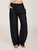 Casual Fit Solid Color Cotton Linen Drawstring Elastic Waist Pocket Trousers Shopvhs.com