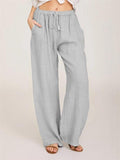 Casual Fit Solid Color Drawstring Pocket Wide-Leg Linen Pants Shopvhs.com