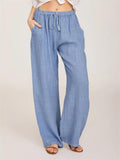 Casual Fit Solid Color Drawstring Pocket Wide-Leg Linen Pants Shopvhs.com