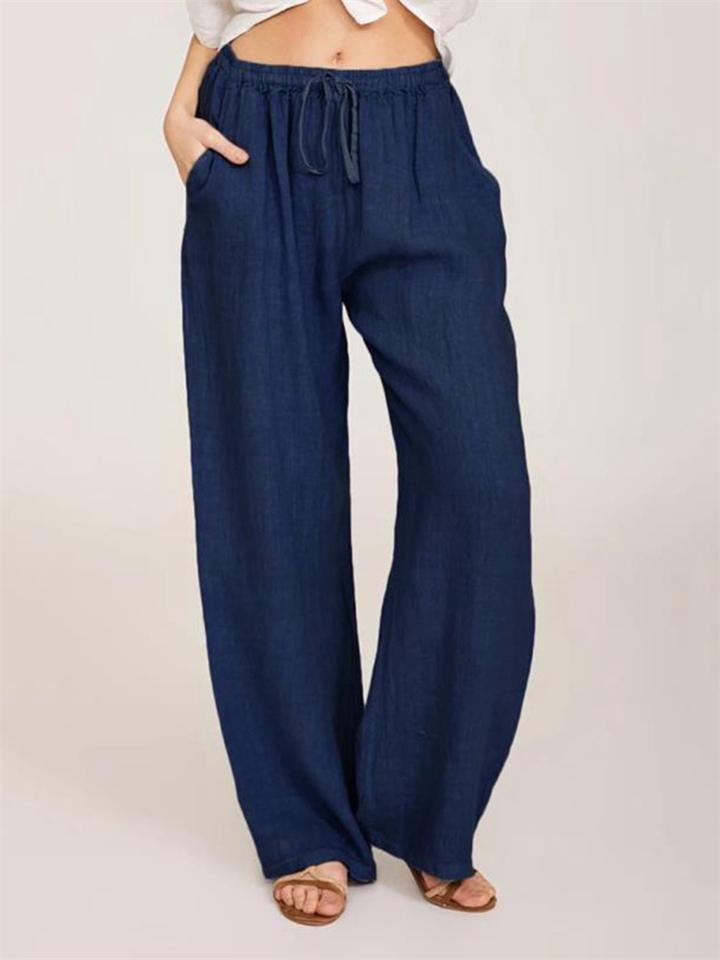 Casual Fit Solid Color Drawstring Pocket Wide-Leg Linen Pants Shopvhs.com