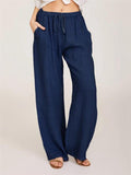 Casual Fit Solid Color Drawstring Pocket Wide-Leg Linen Pants Shopvhs.com