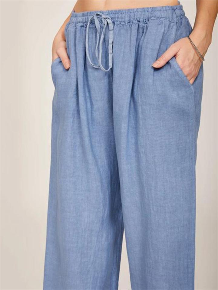 Casual Fit Solid Color Drawstring Pocket Wide-Leg Linen Pants Shopvhs.com