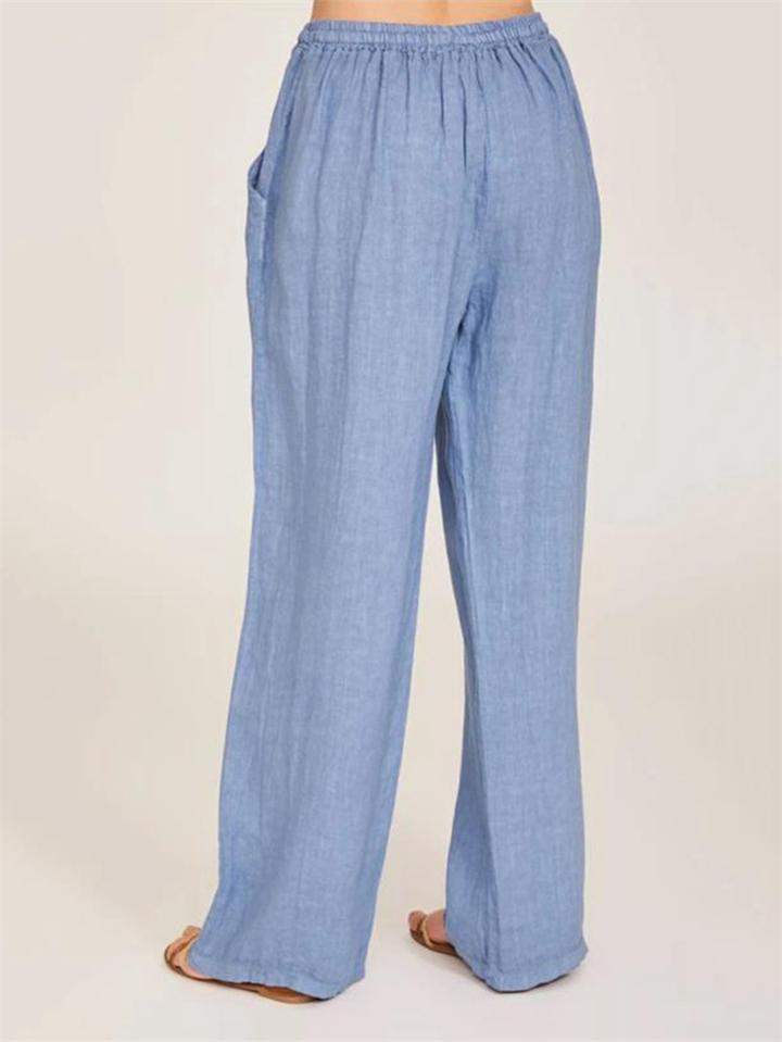 Casual Fit Solid Color Drawstring Pocket Wide-Leg Linen Pants Shopvhs.com