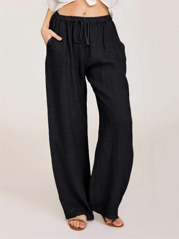 Casual Fit Solid Color Drawstring Pocket Wide-Leg Linen Pants Shopvhs.com