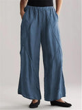 Casual Fit Solid Color Elastic Waist Cotton Linen Wide Leg Pants Shopvhs.com