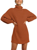 Casual Fit Turtleneck Ribbed Knit Midi Pullover Sweater Dress Shopvhs.com