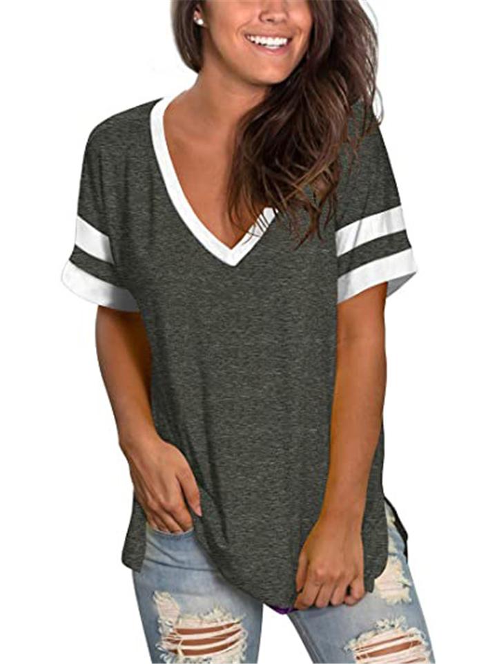 Casual Fit V Neck Contrasting Short Sleeve Side Slit T-Shirt Shopvhs.com