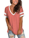 Casual Fit V Neck Contrasting Short Sleeve Side Slit T-Shirt Shopvhs.com