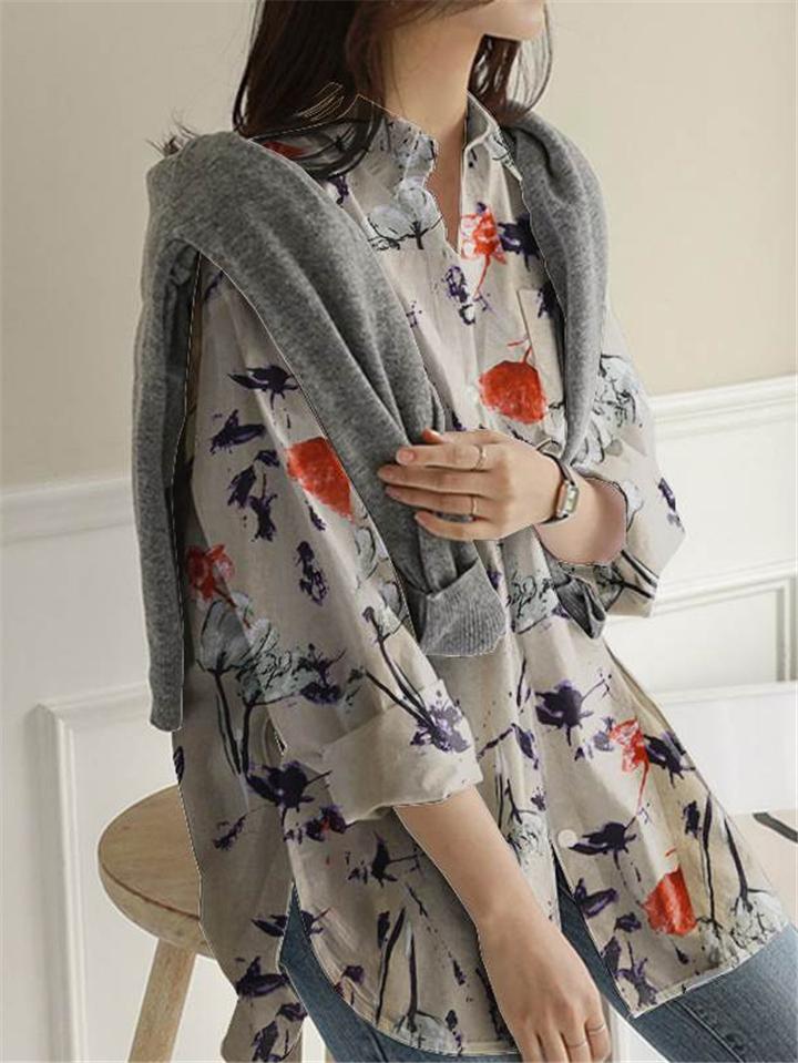 Casual Fit V Neck Long Sleeve Asymmetric Design Floral Pullover Blouse Shopvhs.com