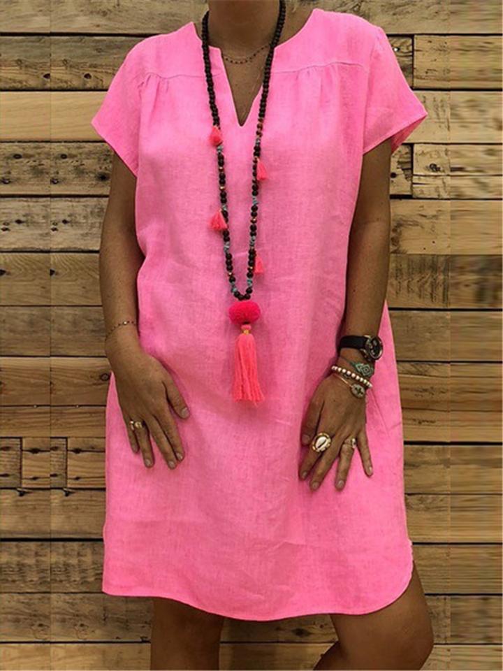 Casual Fit V Neck Short Sleeve Solid Color Midi Dress Shopvhs.com