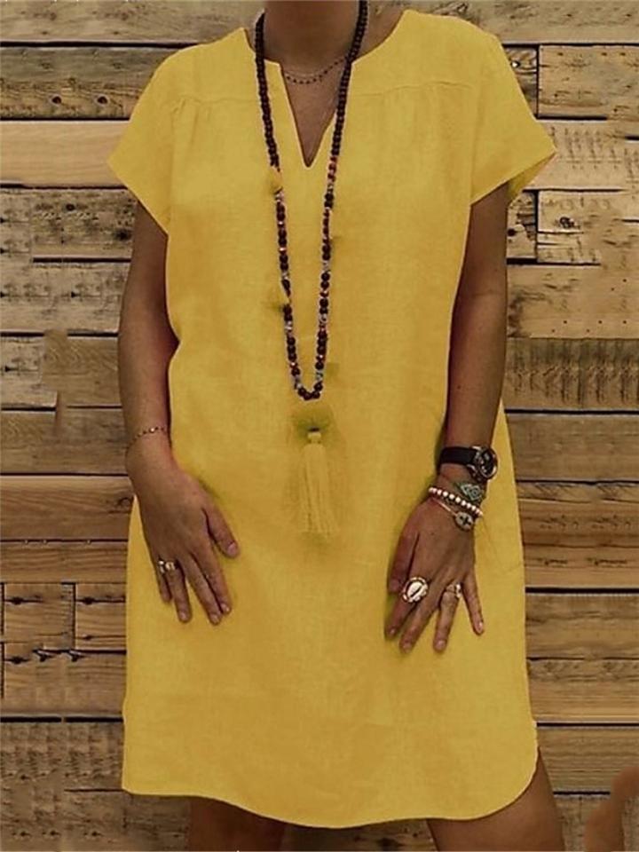 Casual Fit V Neck Short Sleeve Solid Color Midi Dress Shopvhs.com