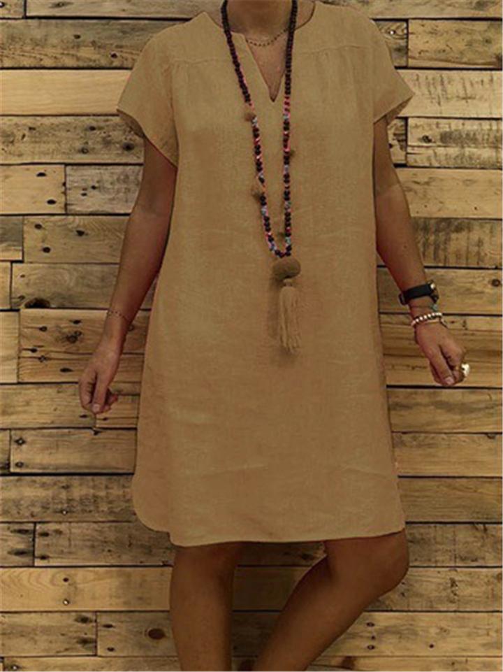 Casual Fit V Neck Short Sleeve Solid Color Midi Dress Shopvhs.com