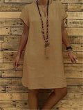 Casual Fit V Neck Short Sleeve Solid Color Midi Dress Shopvhs.com