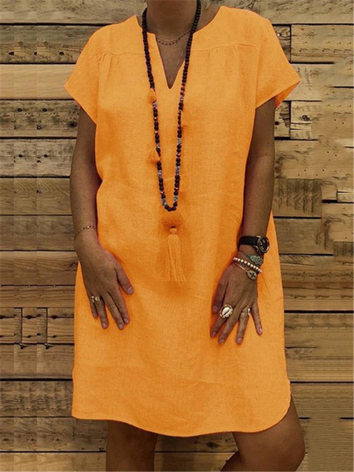 Casual Fit V Neck Short Sleeve Solid Color Midi Dress Shopvhs.com