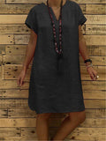 Casual Fit V Neck Short Sleeve Solid Color Midi Dress Shopvhs.com
