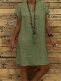 Casual Fit V Neck Short Sleeve Solid Color Midi Dress Shopvhs.com