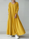 Casual Fit V Neck Solid Color Long Sleeve Pocket Maxi Dress