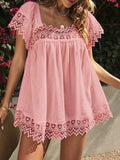 Casual Lace Square Neck Short Sleeve Blouse Shopvhs.com