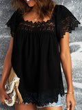 Casual Lace Square Neck Short Sleeve Blouse Shopvhs.com
