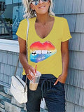 Casual Laid-Back Style Scoop Neck Multicolor Lips Print Short Sleeve T-Shirt Shopvhs.com