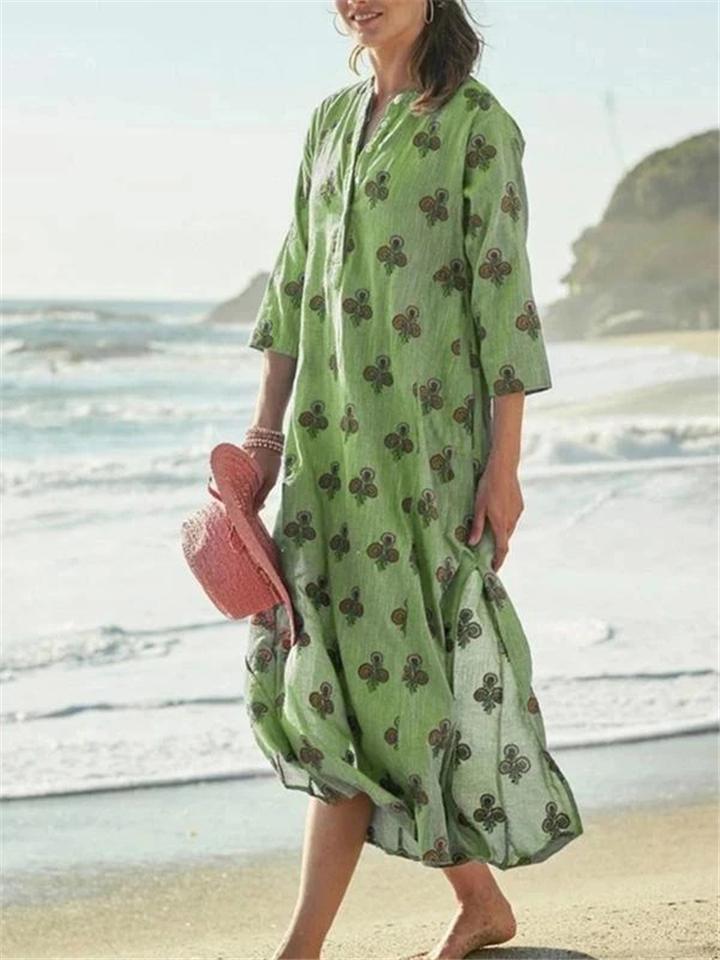 Casual Long Sleeve Floral Print Cotton Pullover Maxi Dress Shopvhs.com