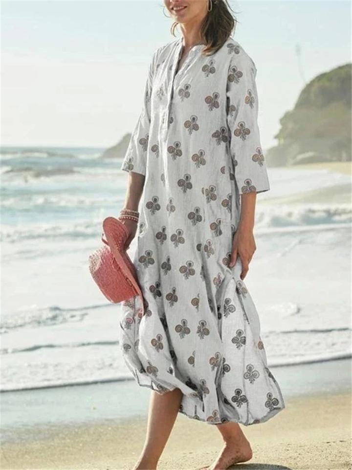 Casual Long Sleeve Floral Print Cotton Pullover Maxi Dress Shopvhs.com