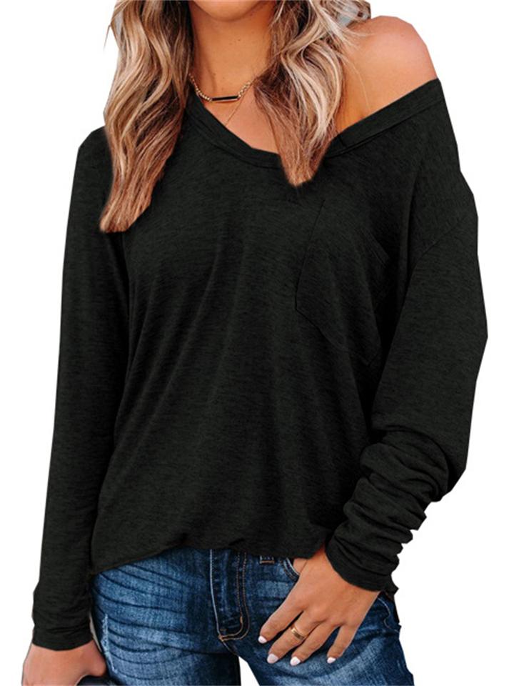 Casual Loose Chest Pocket Solid Color Long-Sleeved T-Shirt Shopvhs.com