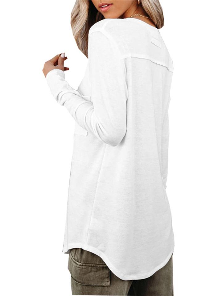 Casual Loose Chest Pocket Solid Color Long-Sleeved T-Shirt Shopvhs.com