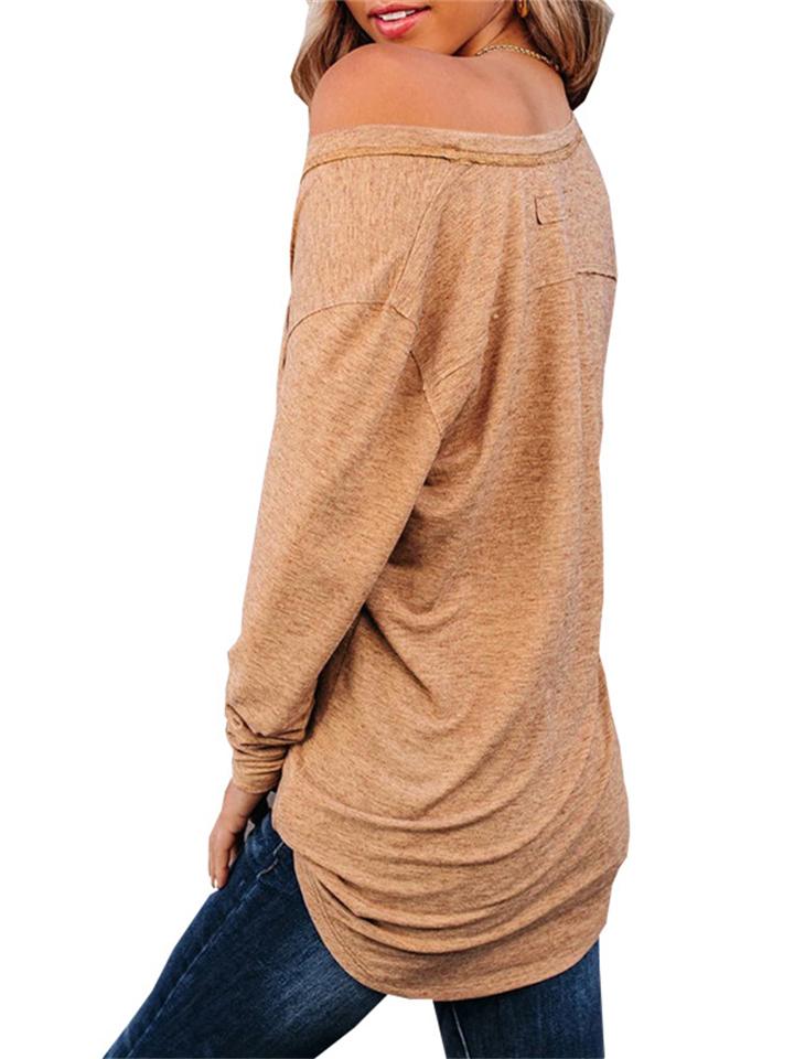 Casual Loose Chest Pocket Solid Color Long-Sleeved T-Shirt Shopvhs.com