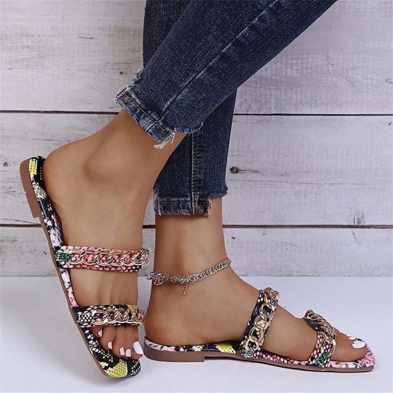 Casual Metal Chain Buckle Snake Print Breathable Slippers Shopvhs.com