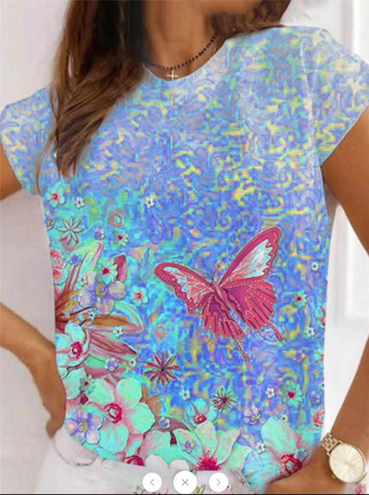 Casual Round Neck Butterfly Print Short-sleeved T-shirt Shopvhs.com