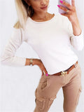 Casual Round Neck Long Sleeve Solid Color Elastic Basic Shirt Shopvhs.com