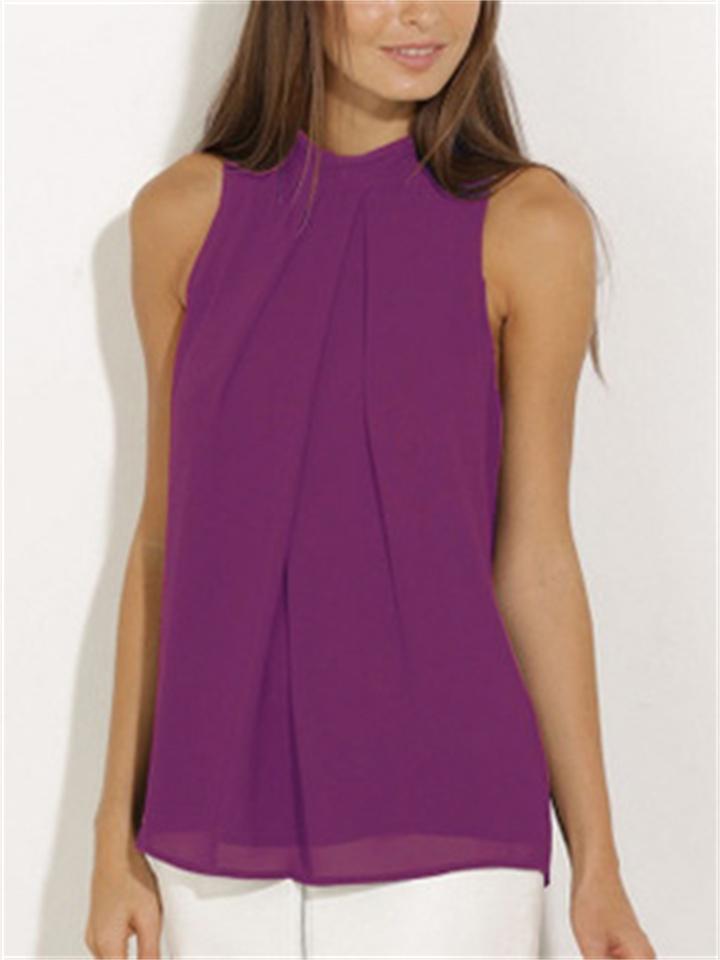 Casual Round Neck Solid Color Sleeveless Chiffon T-Shirt Shopvhs.com
