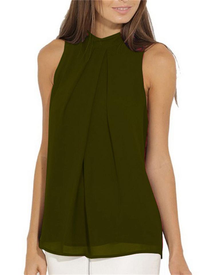 Casual Round Neck Solid Color Sleeveless Chiffon T-Shirt Shopvhs.com